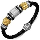 Stainless Steel Black Braided Faux PU Leather Two-Tone Mens Wristband Bracelet