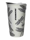 2014 Starbucks Dragonfly Tumbler Ceramic Travel Mug - White/Green/Silver, Lid
