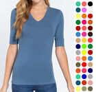 Women Basic Solid Stretch Elbow Sleeve Cotton V Neck Top Shirt T9671