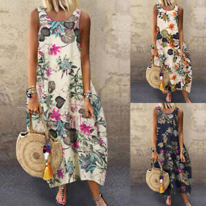 Summer Women Linen Cotton Floral Printed Tank Dress Full Length Midi Sundress