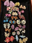 Vintage Costume Jewelry Lot, Earrings/ Pins. Rhinestone And Enamel Flowers
