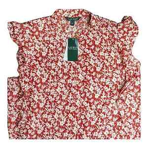 Lauren Ralph Lauren Sleeveless Top XL Floral Ruffle Button Blouse Red White Offi