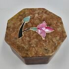 Small Stone Carved Trinket Box, Lid With Inlayed Pink Flower, Octagonal READ