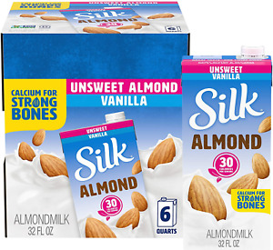 Silk Almond Milk, Unsweetened Vanilla, 32 Fluid Ounce (Pack of 6), Vanilla Fl...