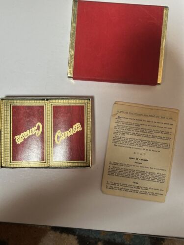 Vintage Canasta Card Game Rule Sheets Mid-Century Red Velvet Case