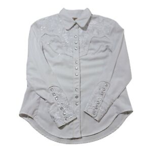 Scully Dottie Shirt Womens M White Western Rockabilly Embroidery Pearl Snaps
