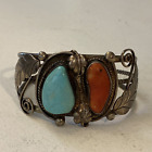 Old Pawn Silver Native American Turquoise & Coral Cuff Bracelet