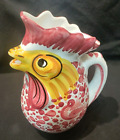 Colorful Vintage Ceramic Rooster Pitcher - Hand Painted in Italy - Signed LARCE