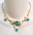 Vintage Gold-Tone Necklace Soft-Gold Enameled Leaves Turquoise Cat-Eye Berries