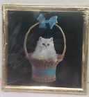 Vintage Kafka Metallic Art Framed Foil Picture Cat Kitten In Basket  6x6
