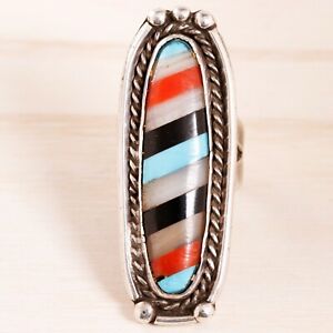 LARGE OLD PAWN STERLING SILVER TURQUOISE CORAL ONYX MOP ROPE BORDER RING SIZE 8