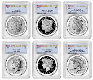 2023 (MS70/PR70) 6-Coin Set $1 Morgan & Peace Silver Dollar FDOI (Flag) PCGS