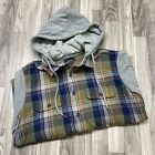 EXPRESS Button Down Blue/Green/Grey Plaid Hooded Sweatshirt Hoodie Men's Size L