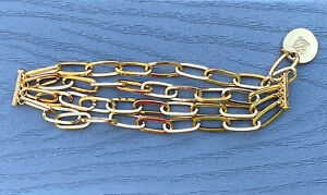 Estee Lauder Gold Tone Paper Clip Multi Chain Bracelet with Logo Disc Charm 7.5