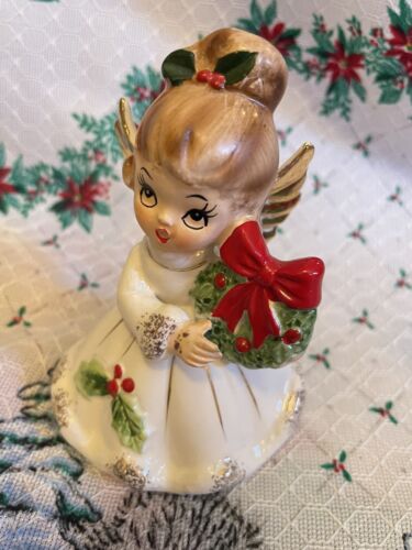 Vintage Josef Originals Christmas Angel Wreath Holly Sticker Intact Japan MCM