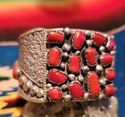Navajo Heavy Red Coral Tufa Cast Sterling Silver Cuff Bracelet