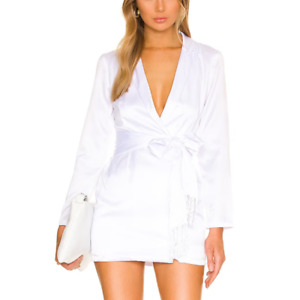 Revolve White Satin Wrap Blazer Dress SMALL Fringe Shanelle More to Come NEW