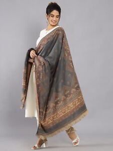 Womens Oversize 100% Cashmere Indian Wool Blanket Shawl Wrap Paisley Scarf Grey