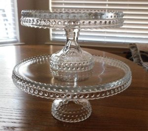 REDUCED - Rare Set of 2 Vintage Clear  LE Smith Glass Hobnail Cake Stands