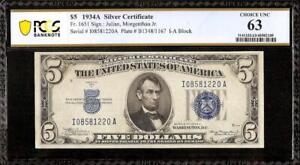 1934 A $5 BILL SILVER CERTIFICATE BLUE SEAL NOTE UNC PAPER MONEY PCGS 63