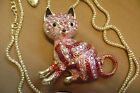 NWT-BETSEY JOHNSON CUTE PINK ,RED CRYSTAL CAT BROOCH PENDANT NECKLACE- USA