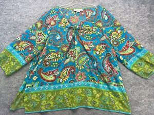 Clothes Shirt Size 2X Blue Green Sheer Tie Front Paisley Metallic Colorful Pullo