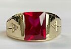 3CT Emerald Cut Lab-Created Red Ruby Diamond Men's Ring 14K Yellow Gold Plated
