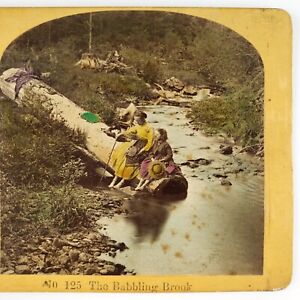 Tinted Girls Babbling Brook Stereoview c1870 New Hampshire White Mountains A2631