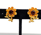 Vintage Rhinestone Daisy Flower Clip On Earrings Brown Golden