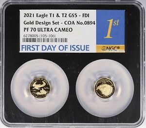 2021-W $5 T1 & T2 Gold American Eagle 1/10 Oz Gold Designer Set Proof NGC PF 70