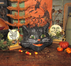 Bethany Lowe Vtg Style Halloween Paper Mache Black Cat Jack-O-Lantern Bucket