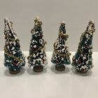 Lot of 4 Vintage Flocked Tinsel Garland Green Bottle Brush Christmas Trees 5”