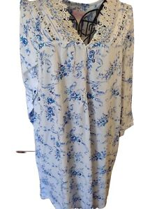 NWT  Pink Label Nightgown XXL White With Blue Floral 100% Cotton