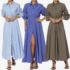 TheMogan Women's Shirred Long Sleeve Long Maxi Button Down Shirt A-Line Dress