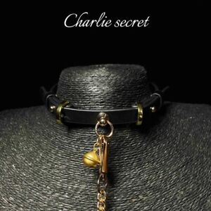 golden bell collar black leather choker with metal chain role play
