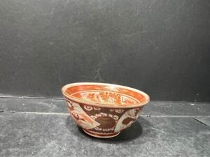 Antique Japanese Kutani Porcelain Bowl Chawan Red Akae Gold Kintsugi Color . Sma