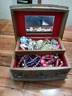 Vintage Wood Jewelry Box Filled With Costume Jewelry