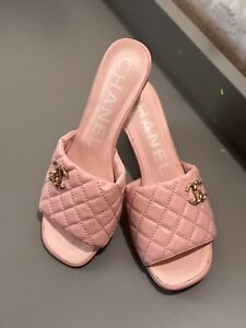 CHANEL Pink Leather Quilted Slides/Cone Heels/Shoes EUR 40