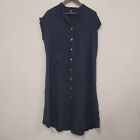 Fenini Womens  100% Linen Midi Dress Size L Blue Lagenlook Cap Sleeve V Neck