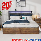 Queen Bed Frame with RGB Lights, 2 Drawers, Headboard and Fast Charger - Brown