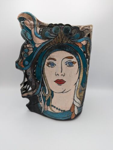 ✨James Jim LOSO Raku Vase Studio Art Pottery Lady Woman Flapper Girl Face Signed