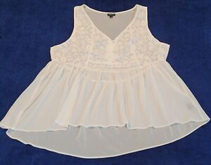Torrid Sleeveless Babydoll Womens Top Size 1 1XL White Embroidered Sheer V-Neck