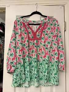 Crown & Ivy Tropical Pink & Green Top With Lace. Size XL