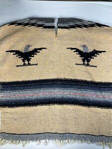 Vintage Poncho Unisex One Size Mexican Hand Woven Eagle Bird Tan Southwest