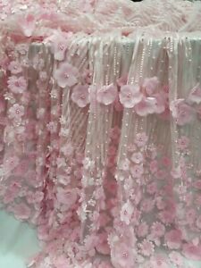 Pink Lace 3D Flower Embroidery With Pearls Mesh Wedding-Bridal Fabric By Yard