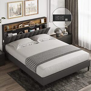 Queen Size Bed Frame with Storage Headboard Fabric Upholstered Bed with Outlets