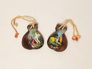 Vintage Set of Wooden Castanets Hand Painted Carved with Flamenco Dancers, Brown