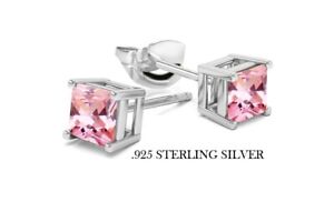 925 Sterling Silver Princess Cut Pink Cubic Zirconia Stud Earrings Women's