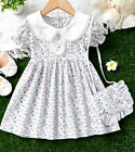 Boutique Elegant Girls Church Dress Midi  w/ Bag 4-5Y Short Sleeve Floral NEW