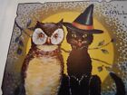 ANTIQUE WHITNEY HALLOWEEN POSTCARD BLACK CAT, OWL DIVIDED EMBOSSED VIVID COLORS